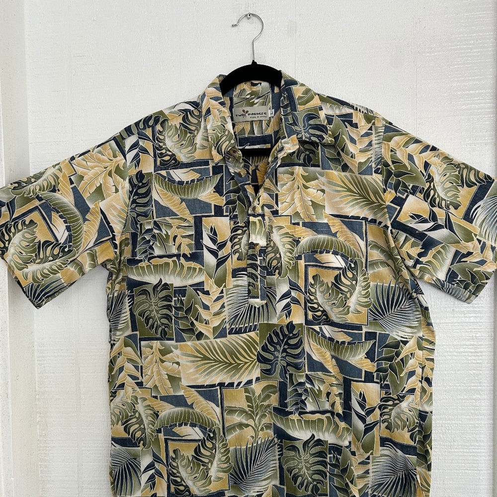 Two Paddles Hawaiian  Tiki Men's Polo  shirt  Floral  Palm Leaves  Dad Core